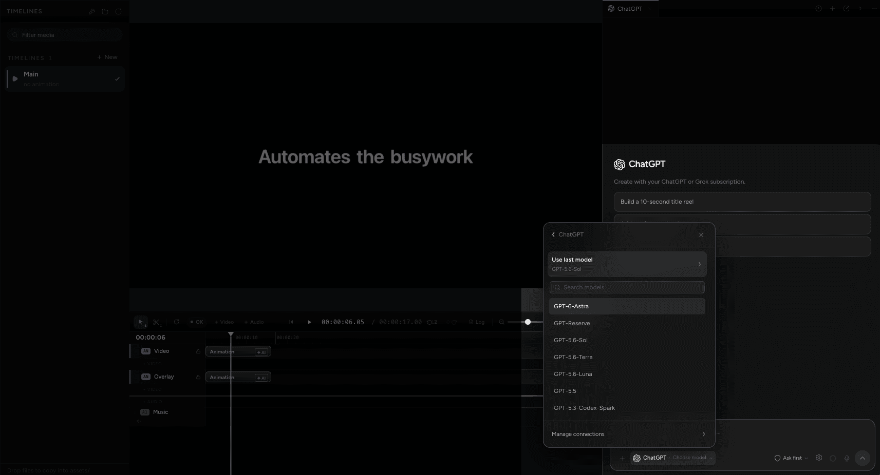 The ChatGPT model picker in CoAnimator, with Use last model at the top and a searchable list of the models the account can reach