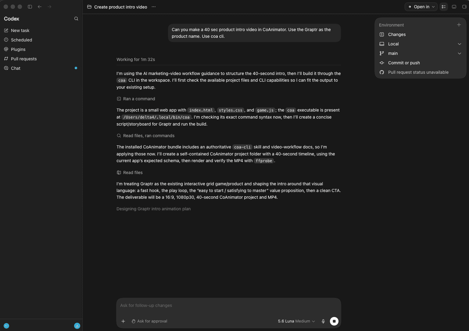 Codex planning a 40-second product intro, applying the coa-cli skill and the app's video-workflow docs