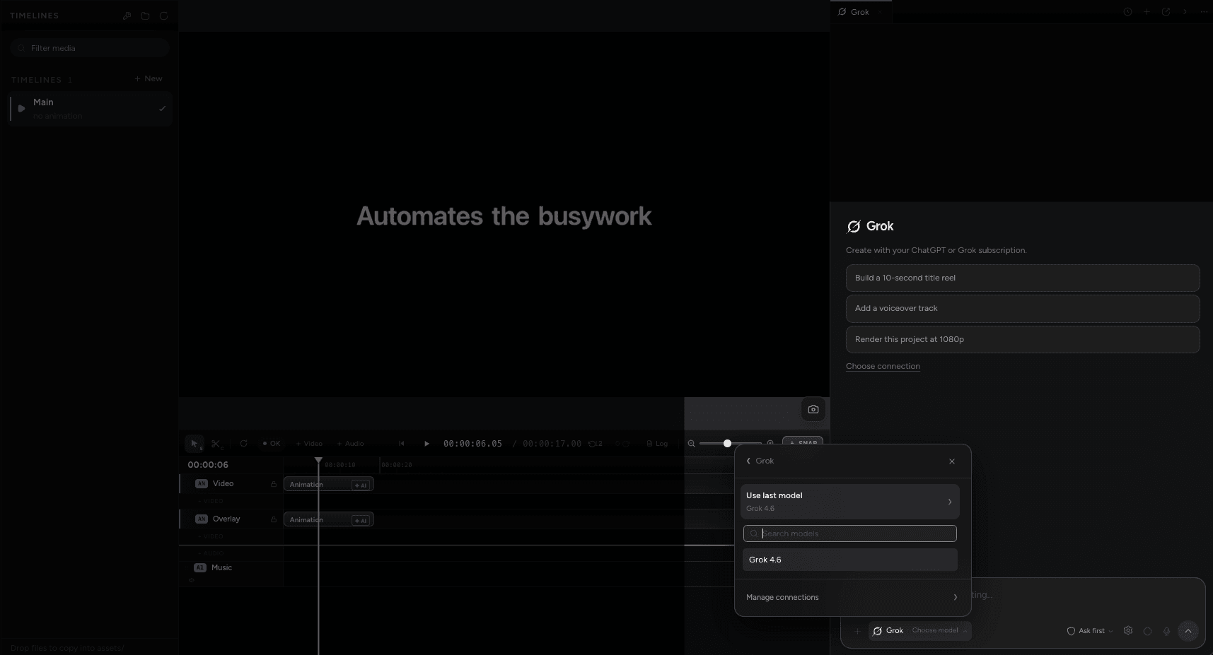 The Grok model picker in CoAnimator, showing Grok 4.6 and Use last model at the top