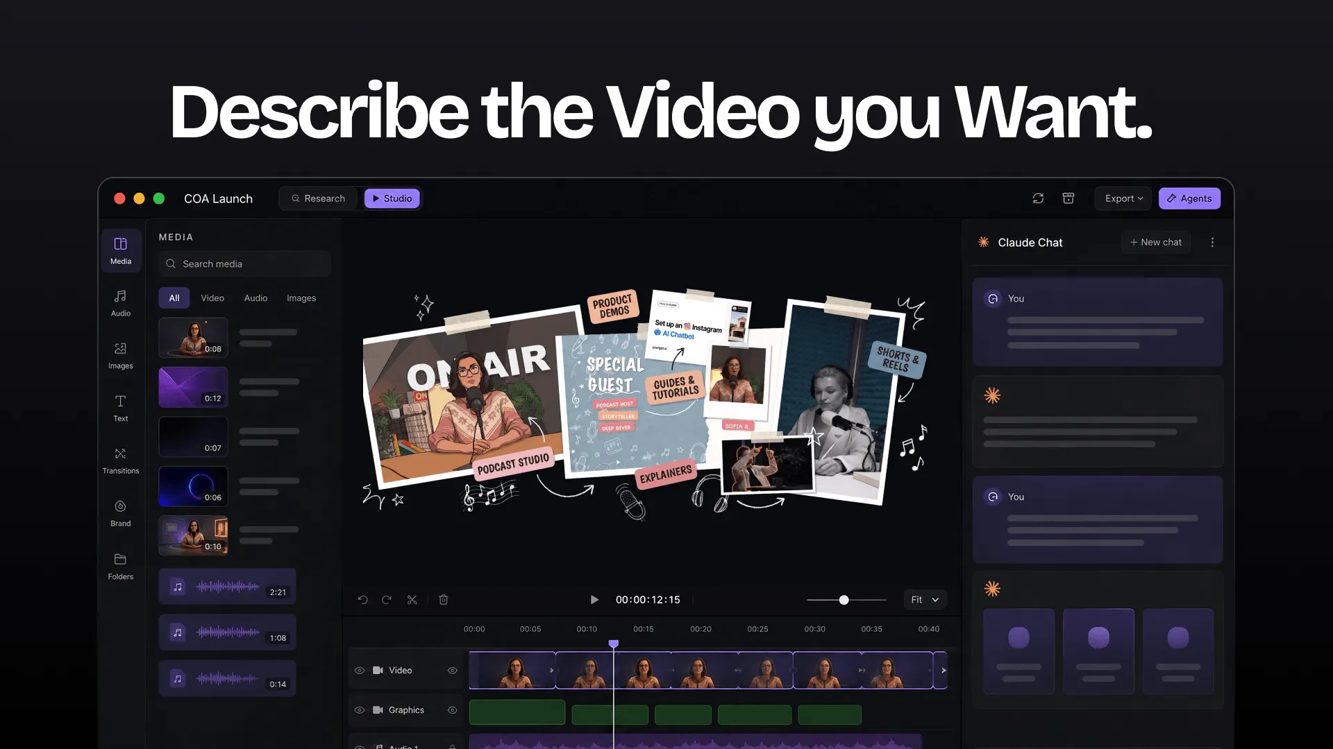 The CoAnimator stage showing a spread of video formats being assembled, with the agent chat alongside and the scenes laid out on the timeline