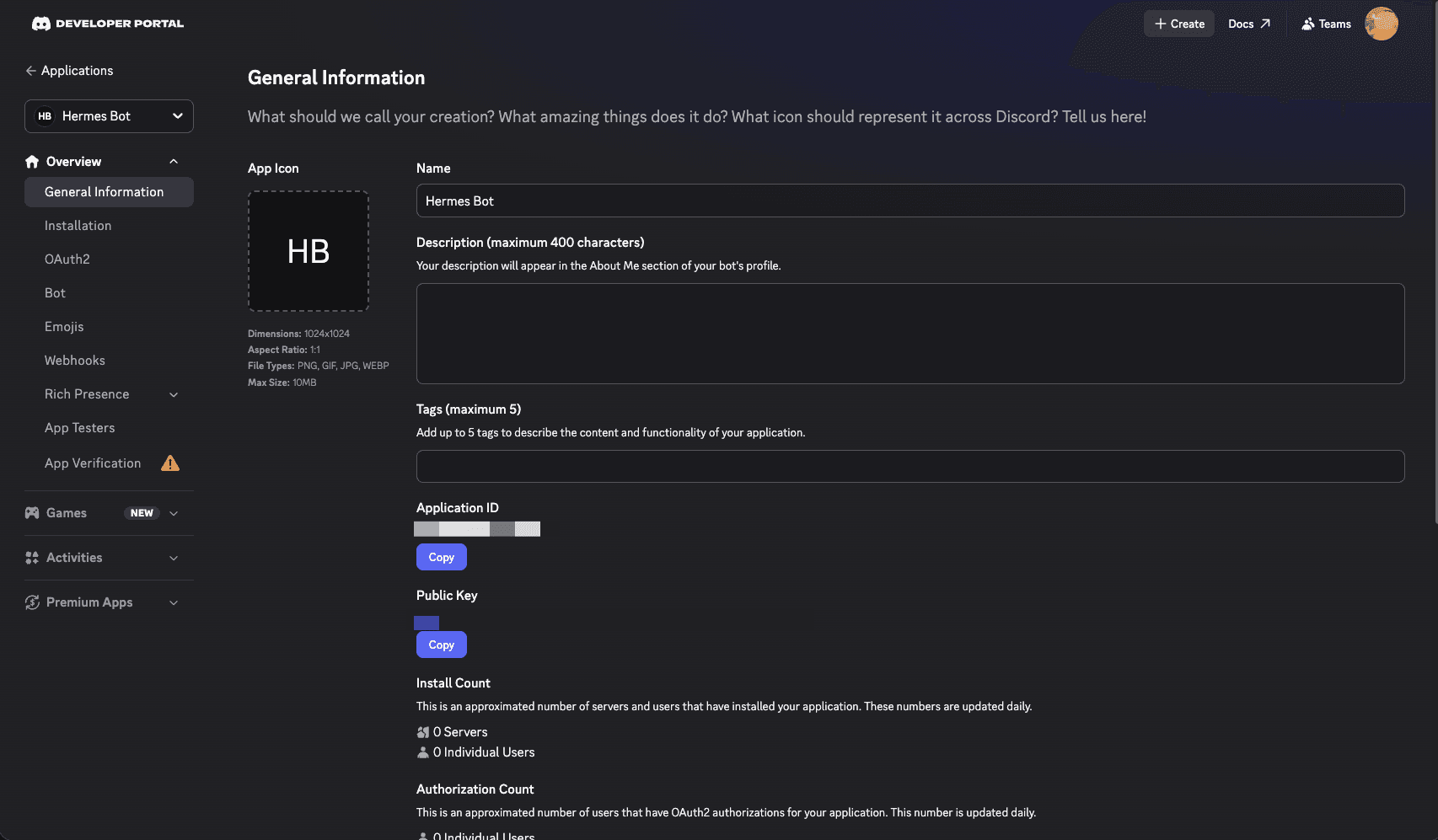 The Discord Developer Portal showing a newly created bot application