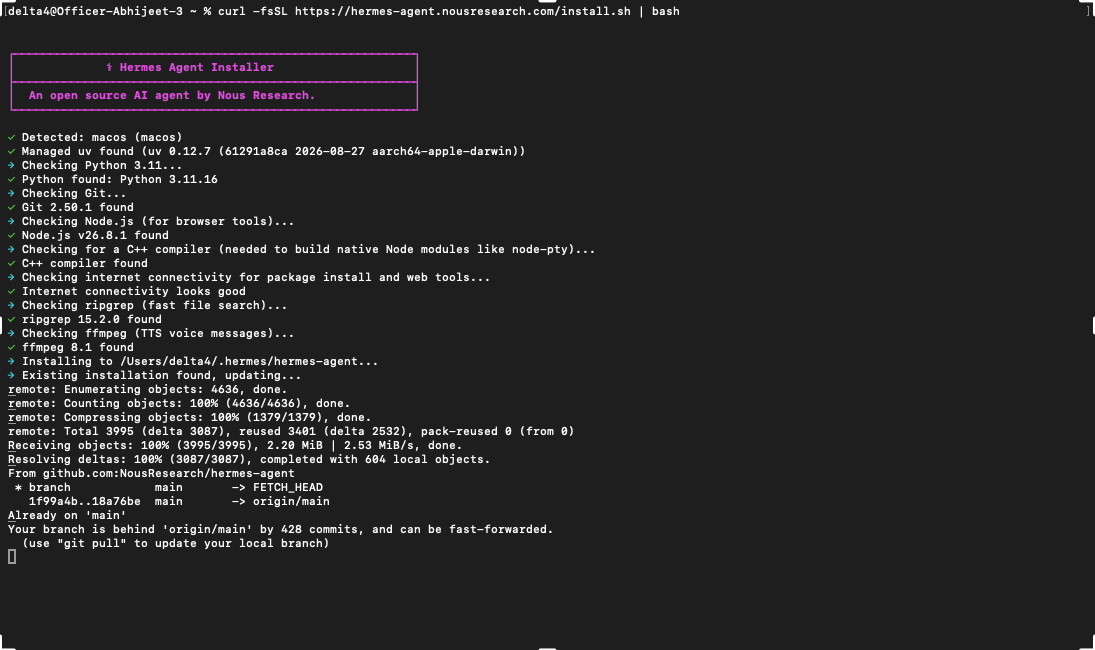 A terminal running the Hermes Agent installer with its dependency checks passing