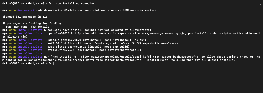 A terminal showing npm install -g openclaw completing cleanly