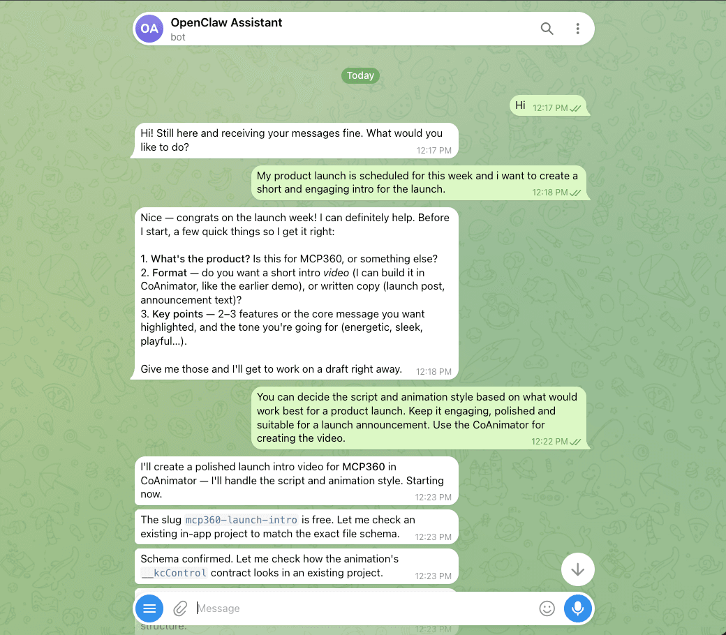 A Telegram chat where the OpenClaw agent scopes a product intro video and starts building it in CoAnimator