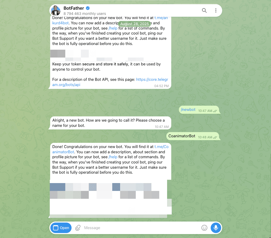 The BotFather conversation in Telegram creating a new bot and returning its token