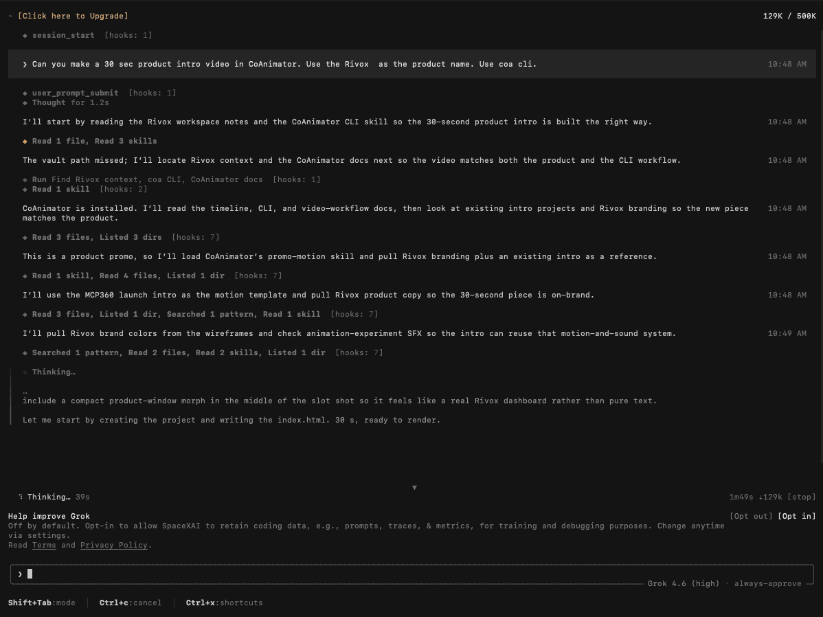 Grok reading the coa CLI skill and CoAnimator's docs, then planning a 30-second product intro from existing brand references