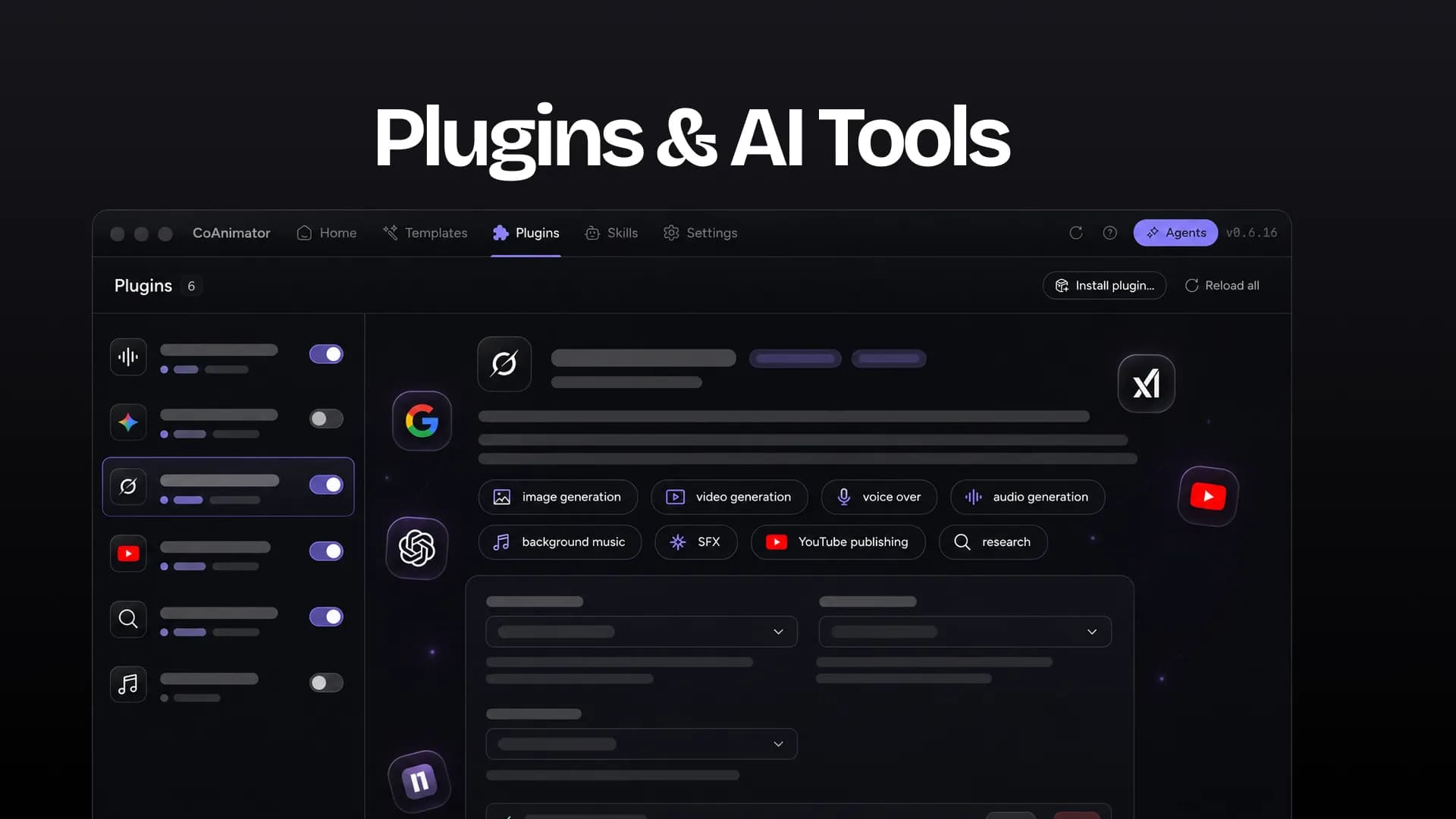 The Plugins screen in CoAnimator, with installed plugins toggled on the left and the capabilities they add on the right