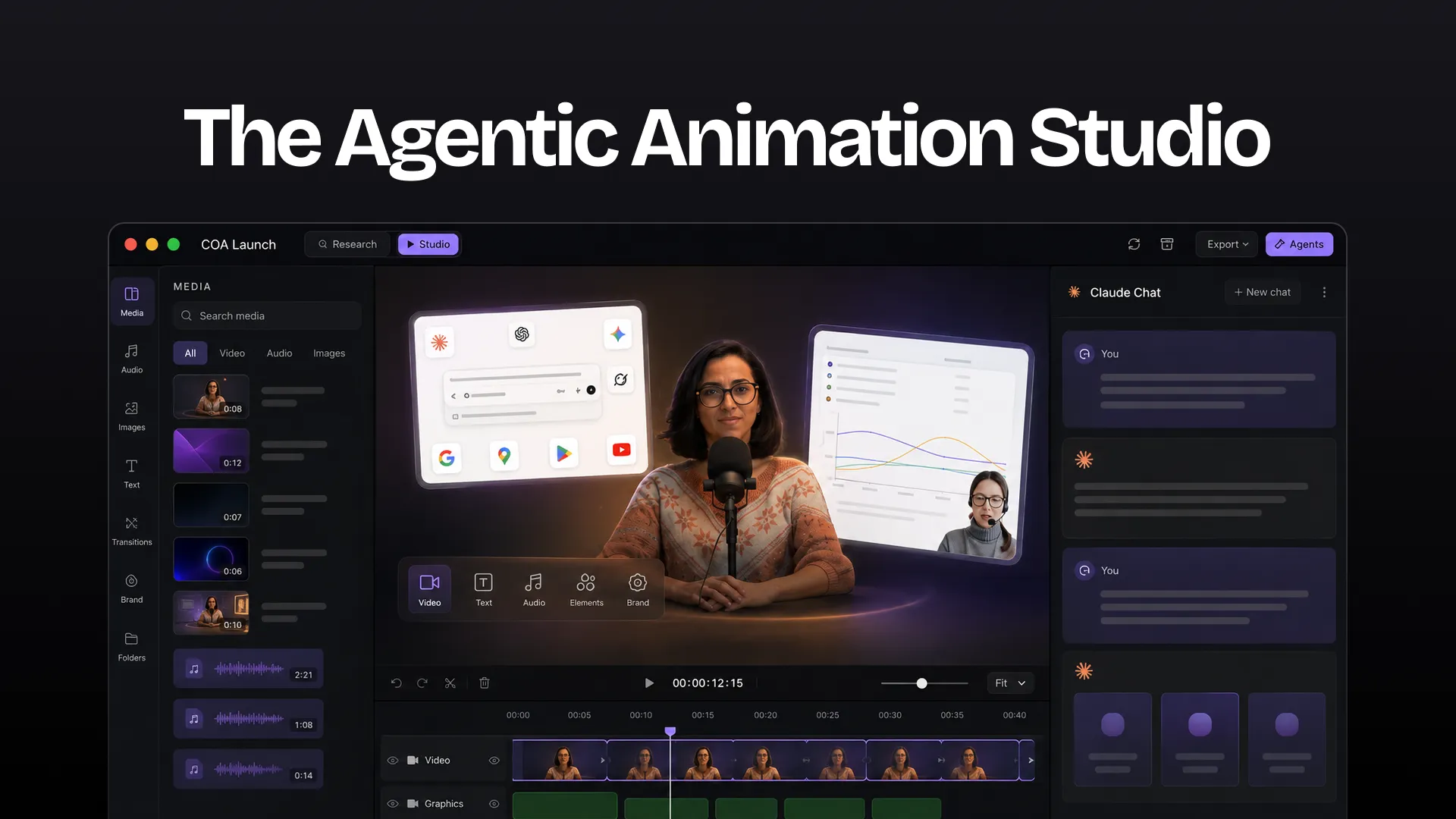The CoAnimator studio, showing the media panel, the stage, the agent chat, and a multi-track timeline