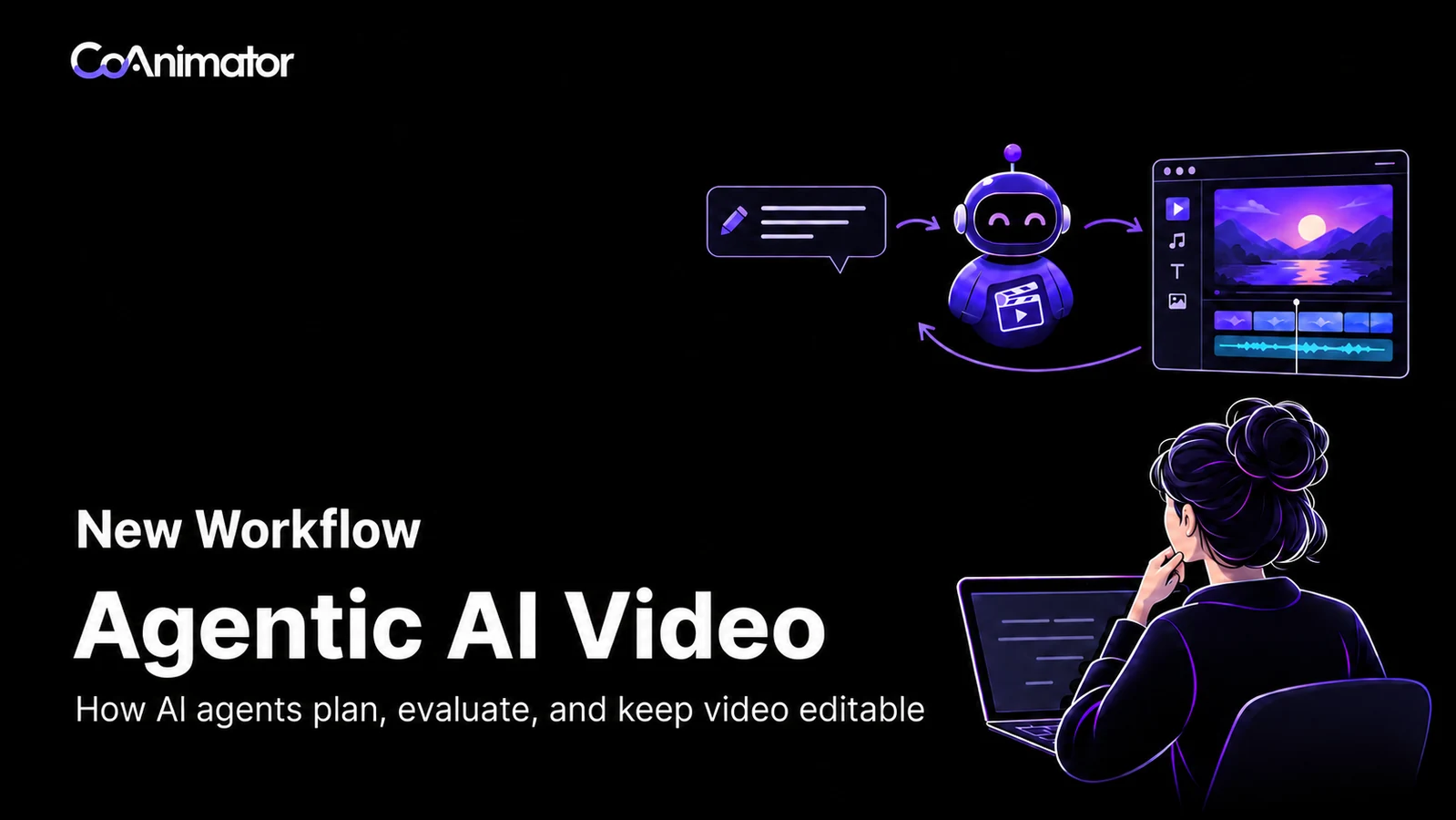 Agentic AI Video — a creator directs an AI agent through a brief, an editable video timeline, and a review loop.