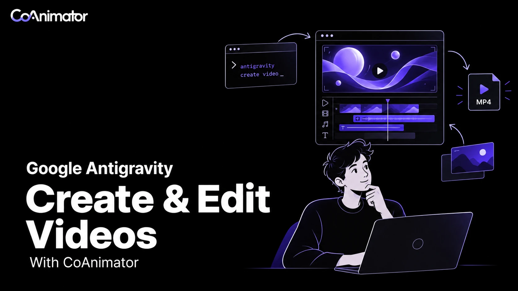 Google Antigravity: create and edit videos with CoAnimator, illustrated with a creator, video timeline, and MP4 export.