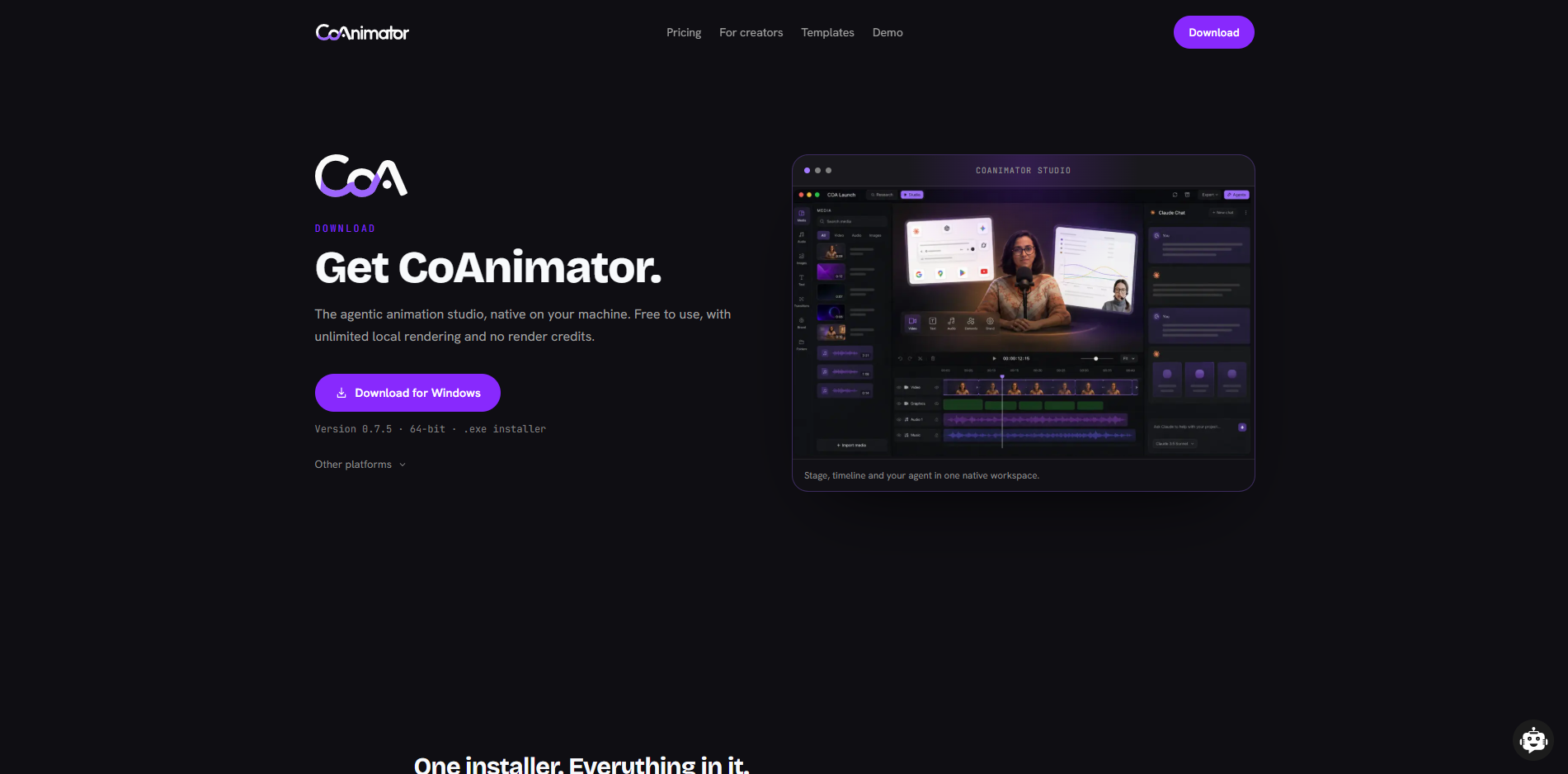 CoAnimator download page showing the Windows installer and Other platforms menu