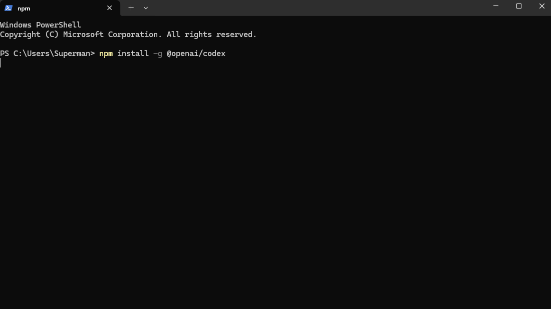 Example terminal installation of the Codex CLI; use the commands above for your operating system