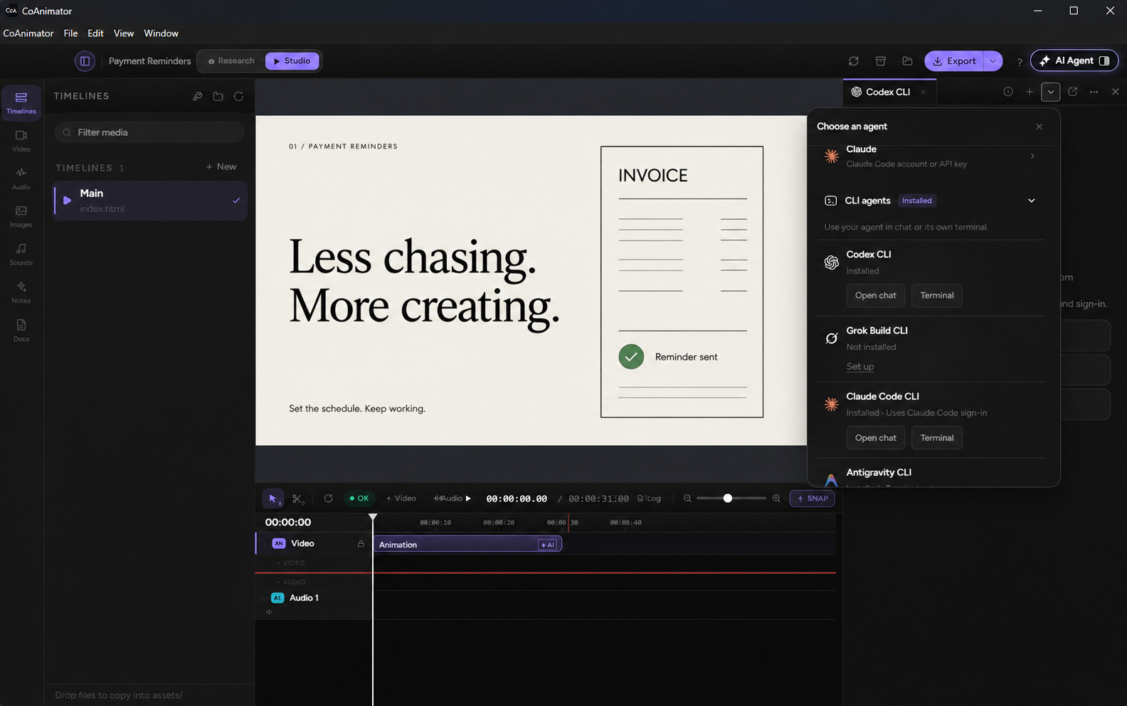 Codex CLI agent picker beside an illustrative payment-reminder video preview