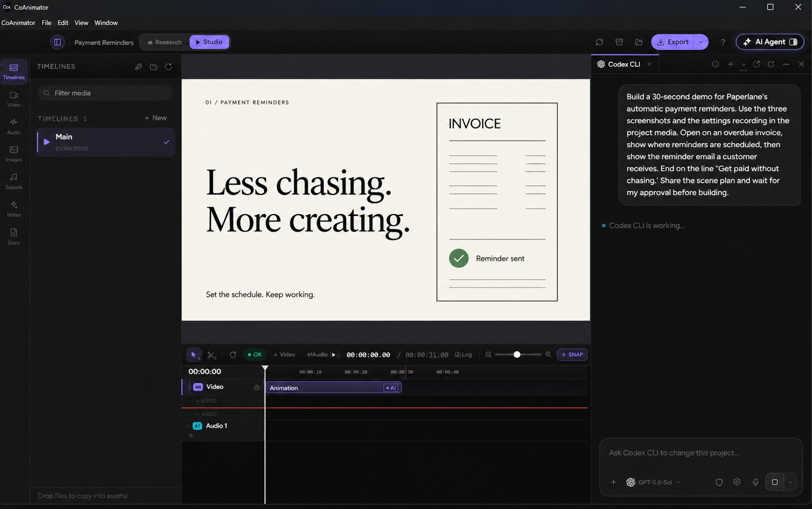 Codex conversation beside an illustrative payment-reminder video scene