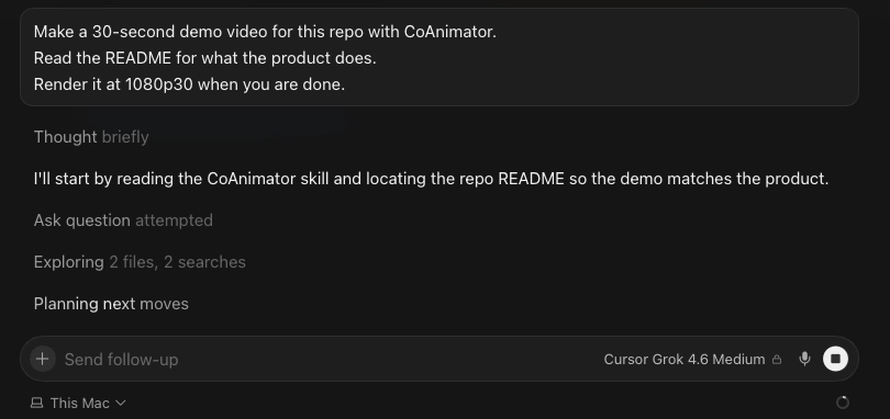 Cursor reading the CoAnimator skill and product README before planning a demo