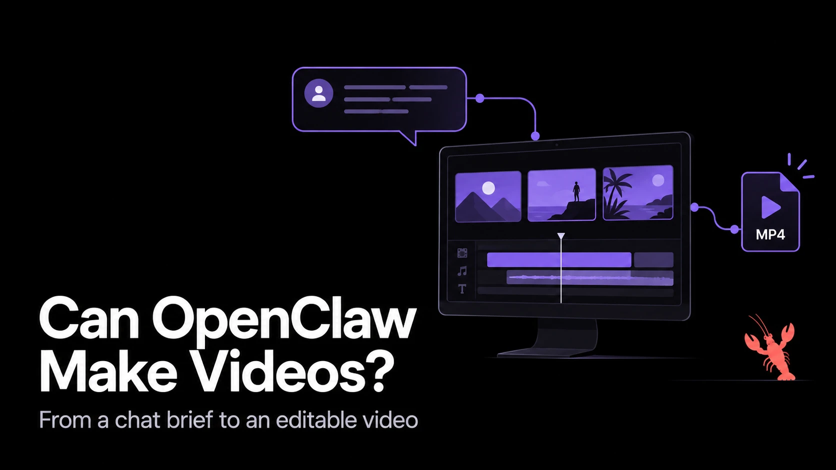 OpenClaw chat brief connected to an editable video timeline and an MP4 export