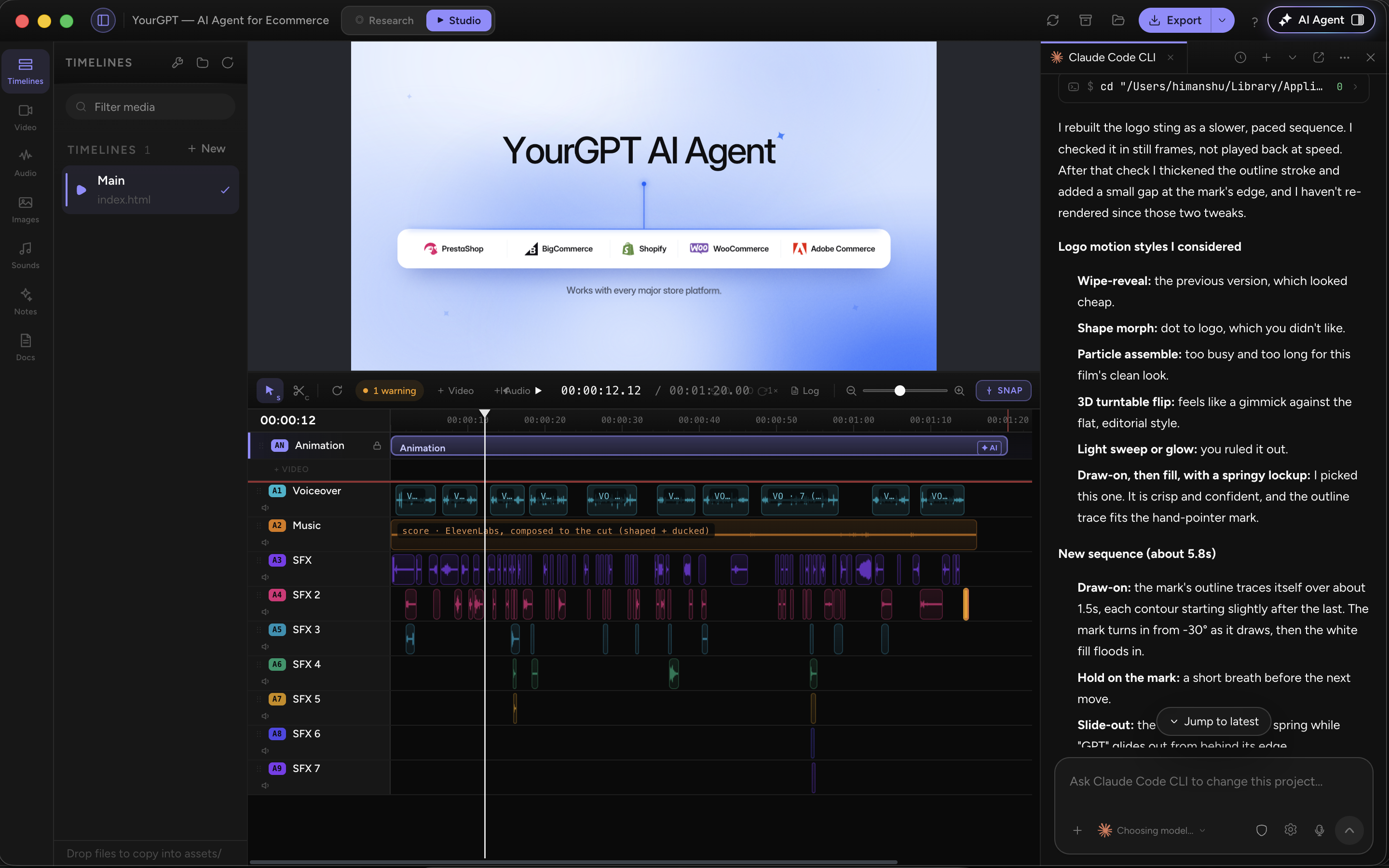 Claude Code CLI refining motion graphics beside a YourGPT video preview and multitrack timeline in CoAnimator
