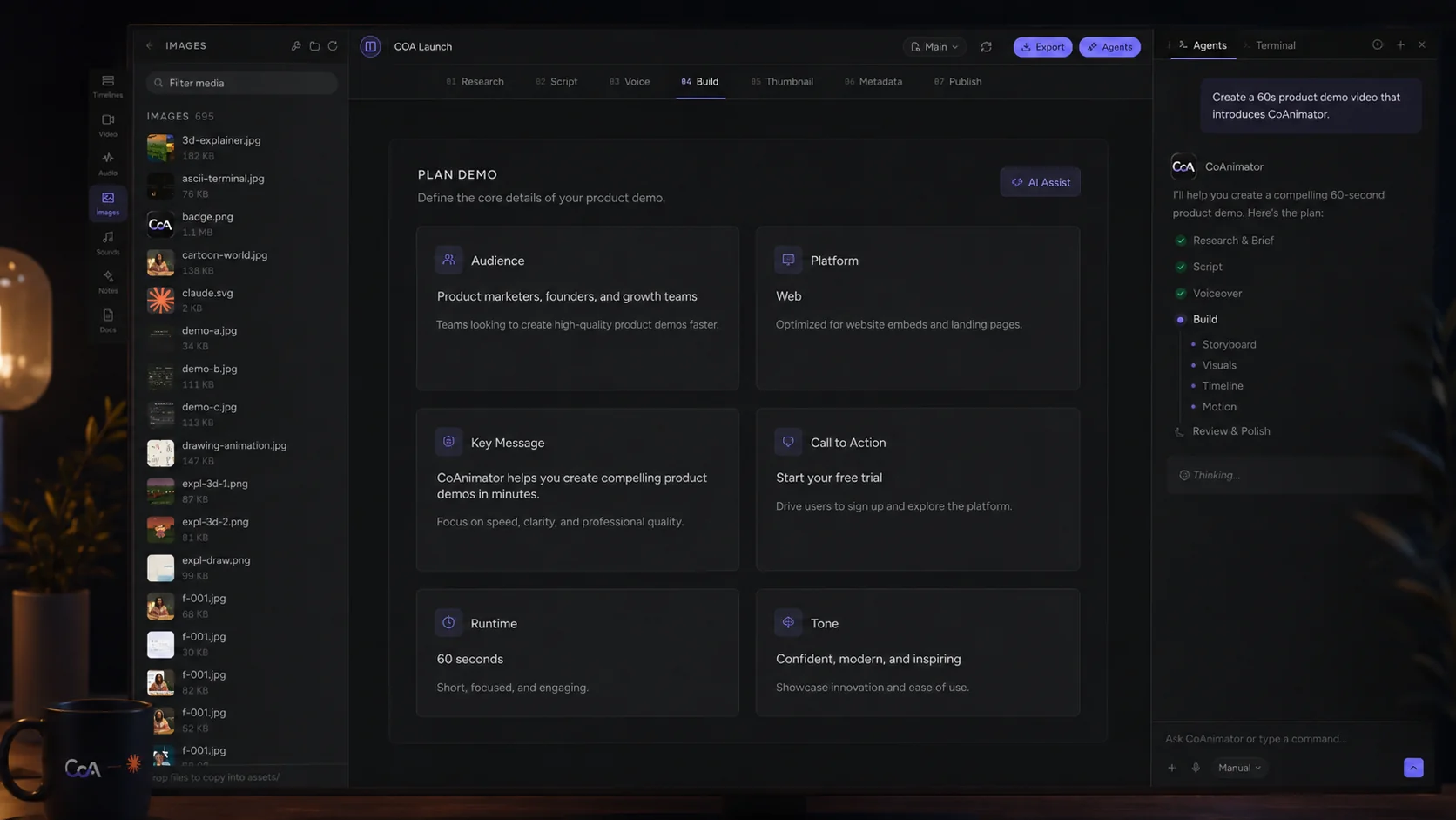 A CoAnimator stage showing motion, callouts, and narration timing for a product demo scene.