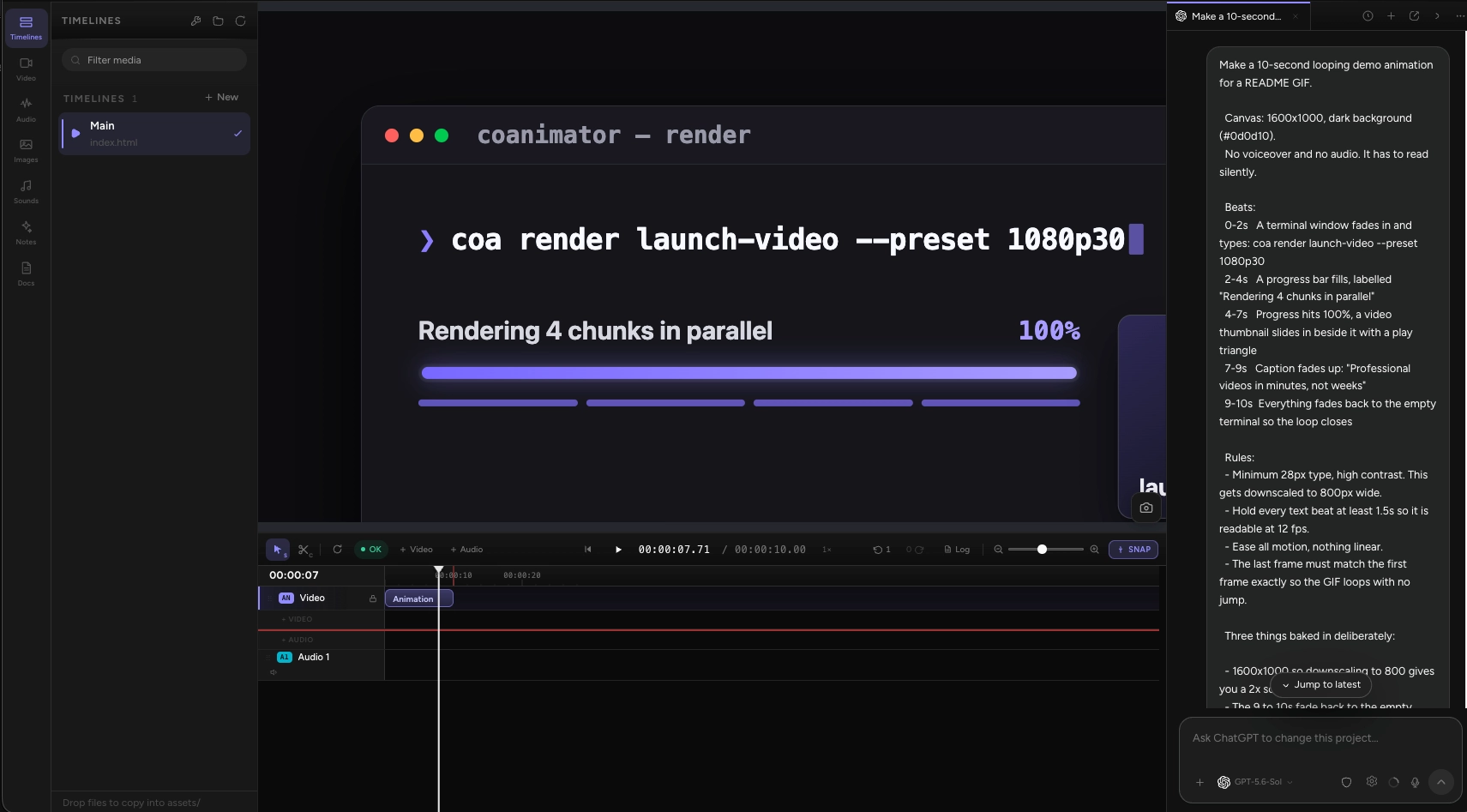 CoAnimator editor showing a terminal-style animation, its timeline, and an agent prompt