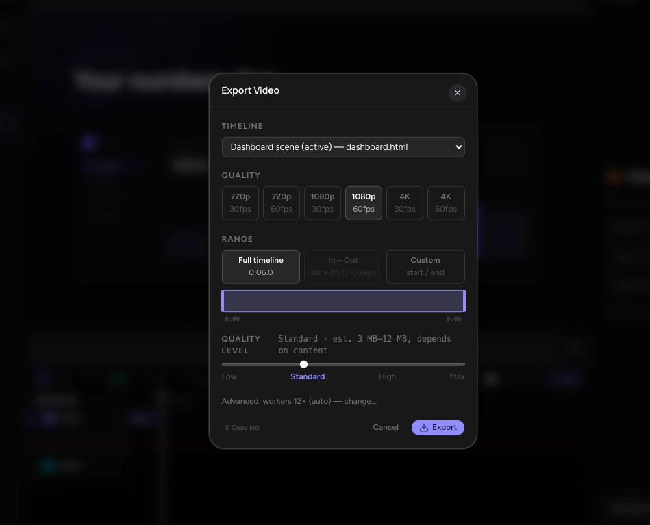 CoAnimator Export Video dialog with timeline, resolution, frame rate, range, and quality controls