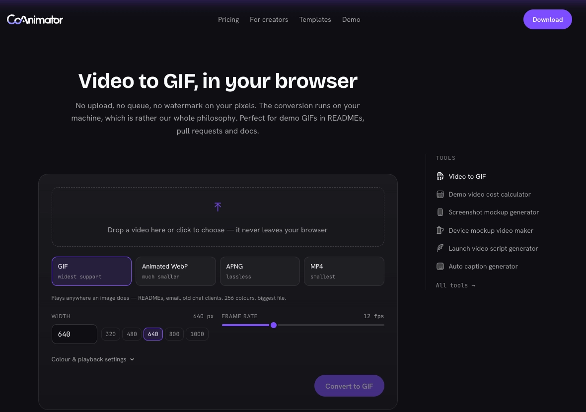 Video to GIF converter with GIF selected, a width of 640 pixels, and a frame rate of 12 fps