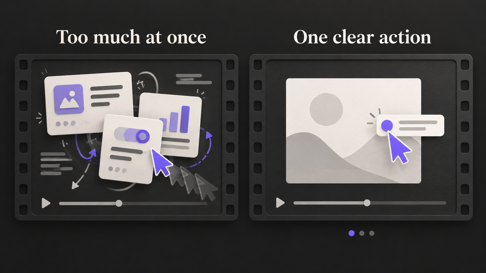 Two illustrated video frames compare competing feature cards with one clearly highlighted comment.