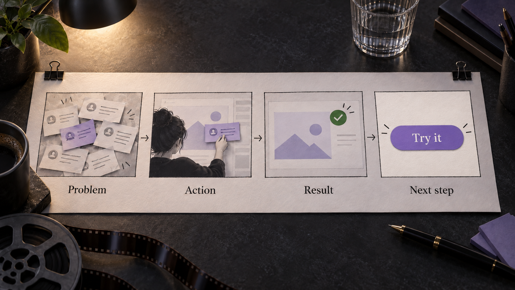 An illustrated storyboard moves from scattered feedback to a product action, an approved result, and a Try it closing card.