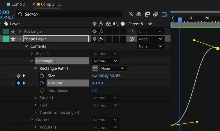 Adobe After Effects shape-layer properties and Graph Editor showing editable position keyframes and an easing curve.