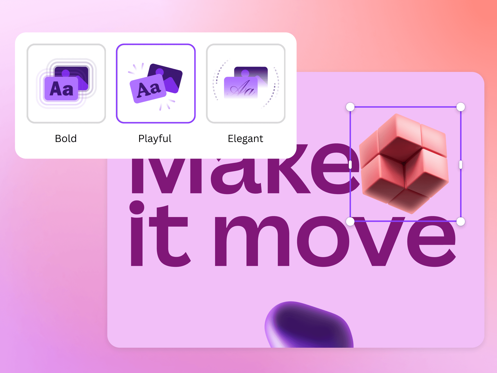 Canva’s Magic Animate illustration showing Bold, Playful, and Elegant motion styles beside a selected design element.