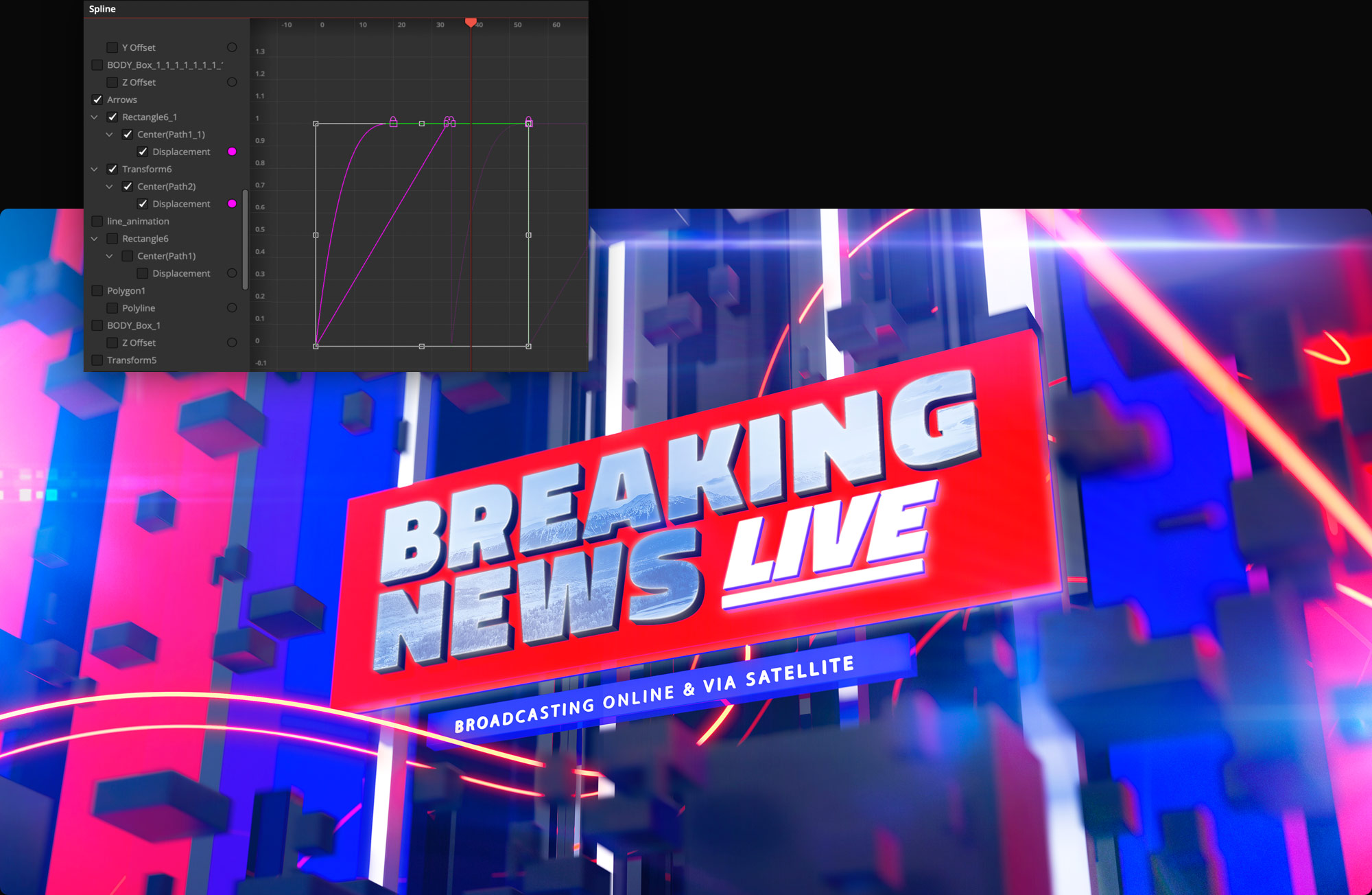 Blackmagic Design’s Fusion example showing an animated broadcast title alongside purple animation curves in the Spline Editor.