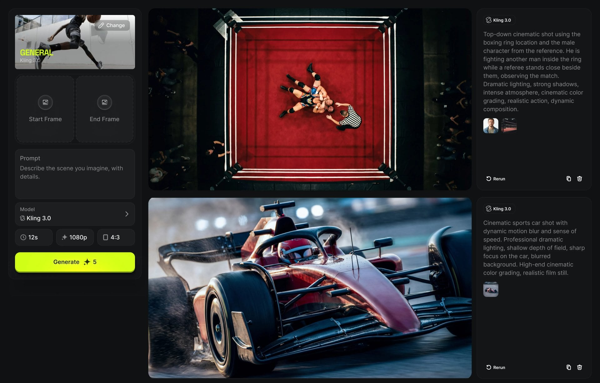 Higgsfield’s official AI-video workspace showing a model selector, prompt and reference controls, and generated scene previews.