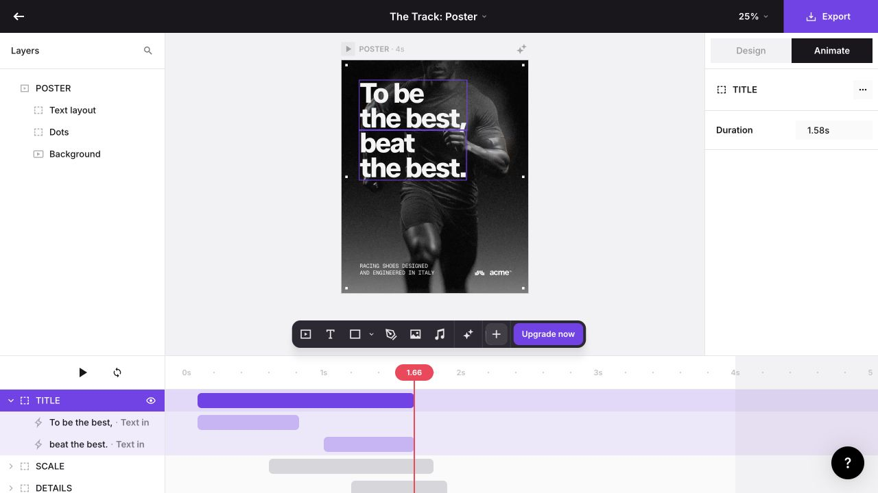 Jitter editor showing The Track poster template with selected typography, a layers panel, duration controls, and separate text animation tracks.