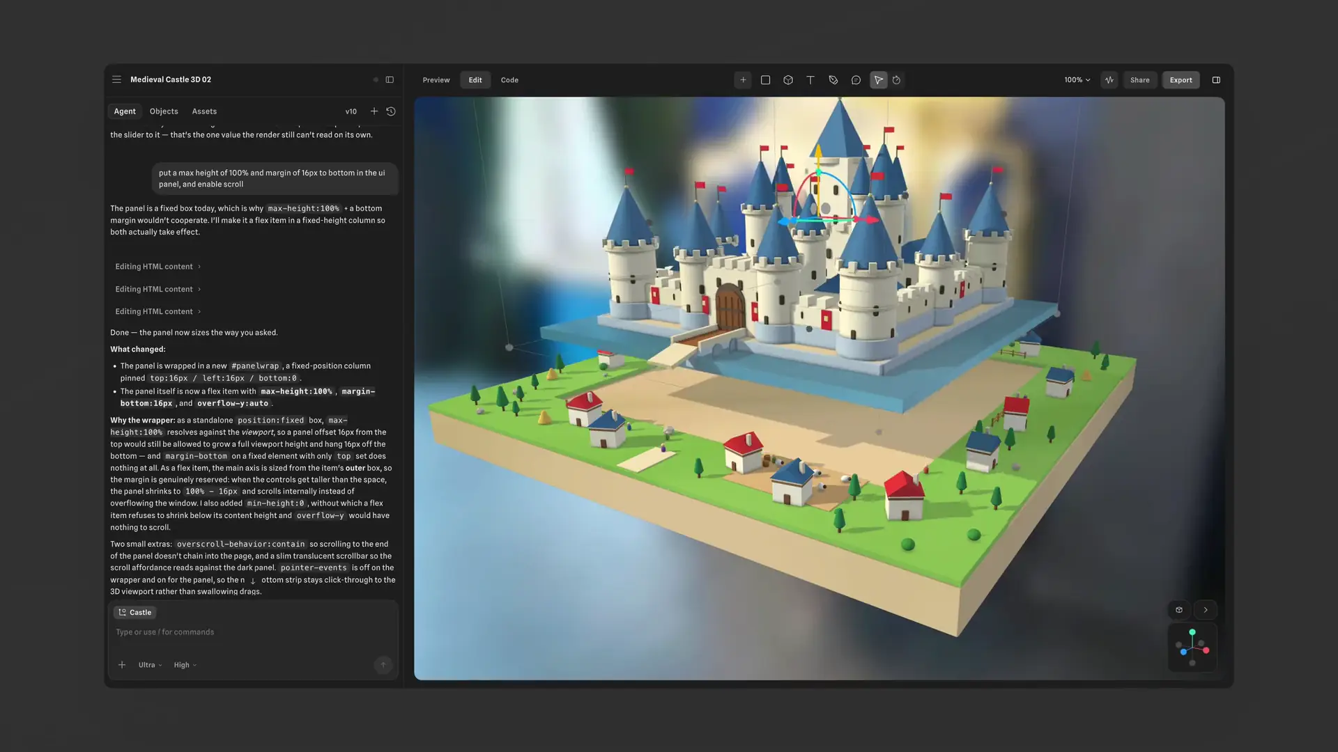 Spline’s 3D editor displaying a castle scene with a selected object, transform controls, and an AI agent panel.