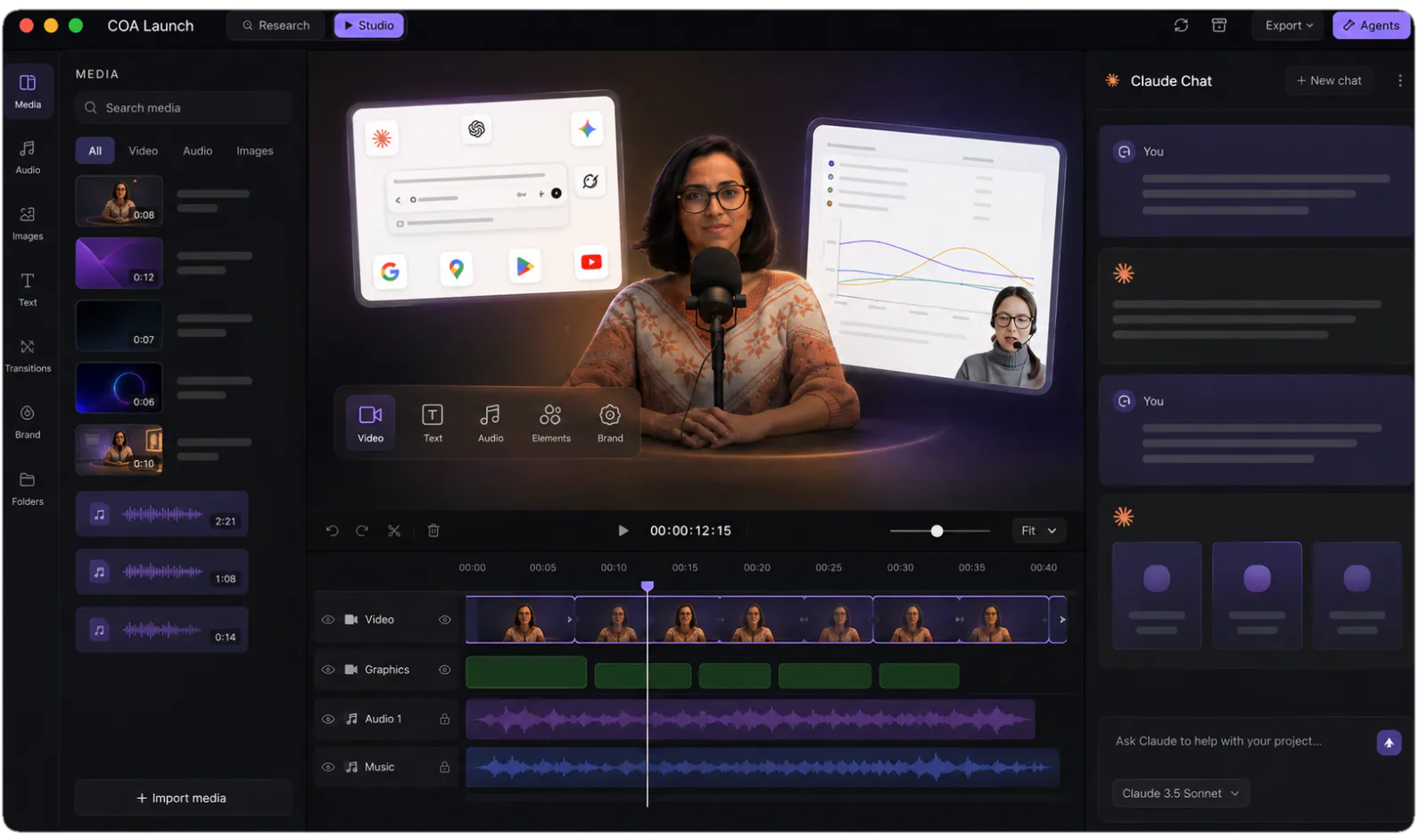 The CoAnimator studio: media library, stage and timeline with an agent chat alongside