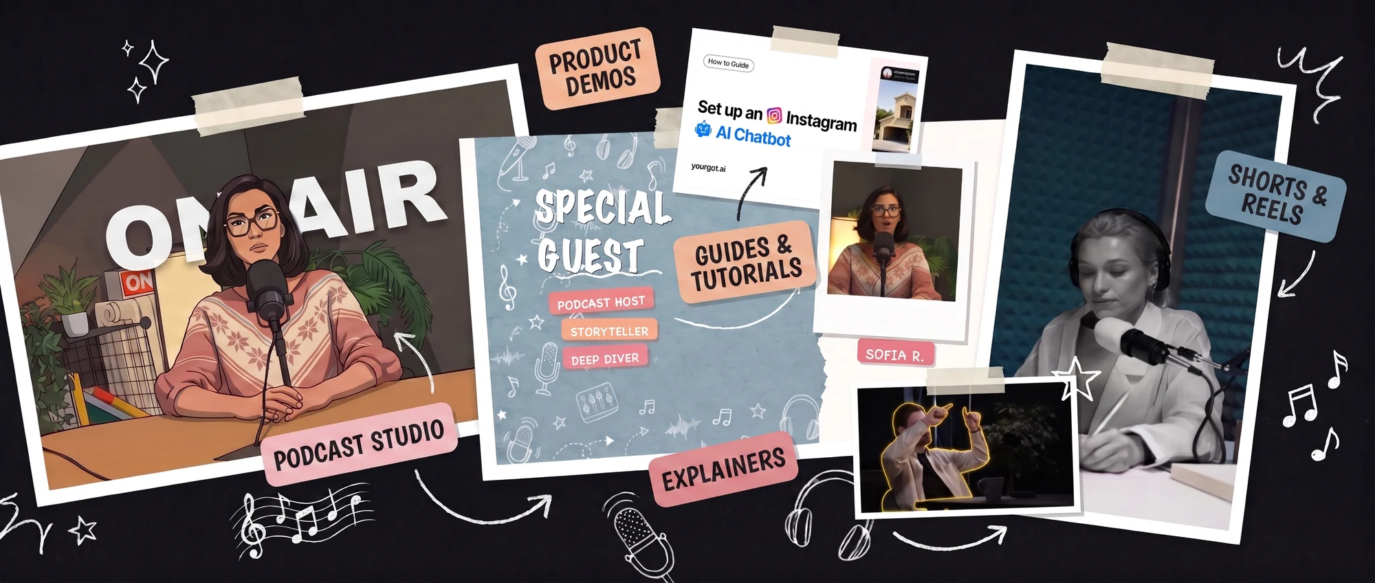 Collage of creator videos made with CoAnimator — podcast studio, product demos, guides, explainers and reels