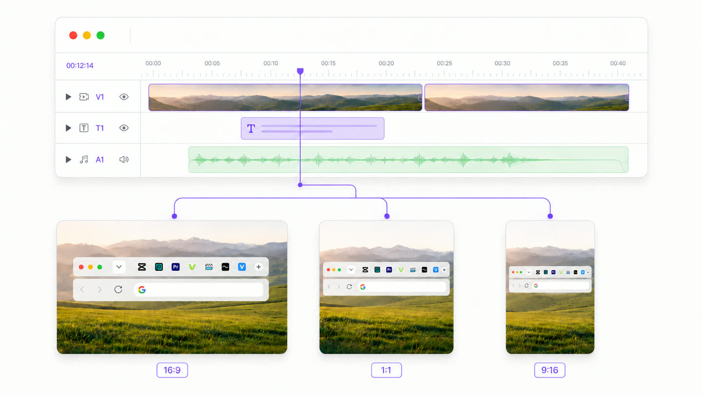 One timeline with video, title and audio tracks, branching into three exports of the same cut labelled 16:9, 1:1 and 9:16