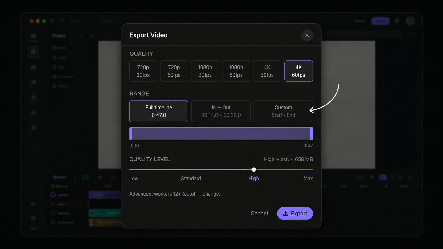 CoAnimator's export dialog with the range set to the full timeline, showing the length a render covers