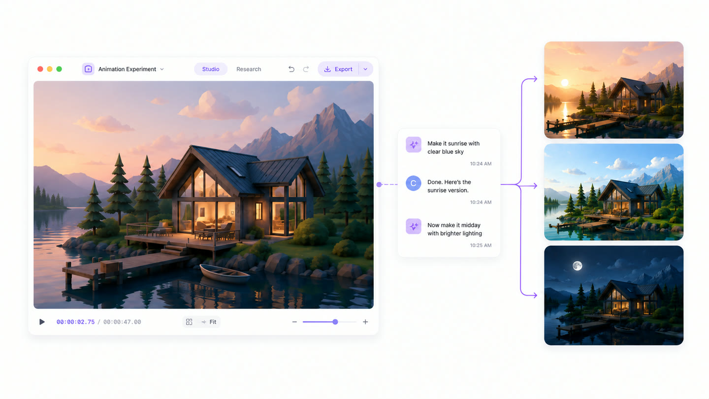 The studio with a 3D scene on the stage and a chat beside it: asking for sunrise with a clear blue sky, the agent confirming, then asking for midday, with the three relit versions of the same shot alongside