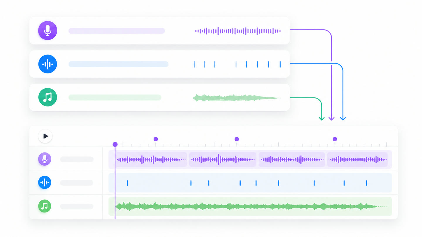 Three asks feeding three audio lanes on one timeline: voiceover, sound effects and a music bed